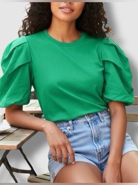 Green Puff Sleeve Crewneck Top - Women's